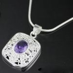 925 Sterling Silver Hollow Square roxo pingente de strass